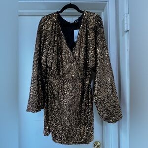 Rich Gold Sequins Long Bell Sleeve Mini Dress Romper NWT NYE
